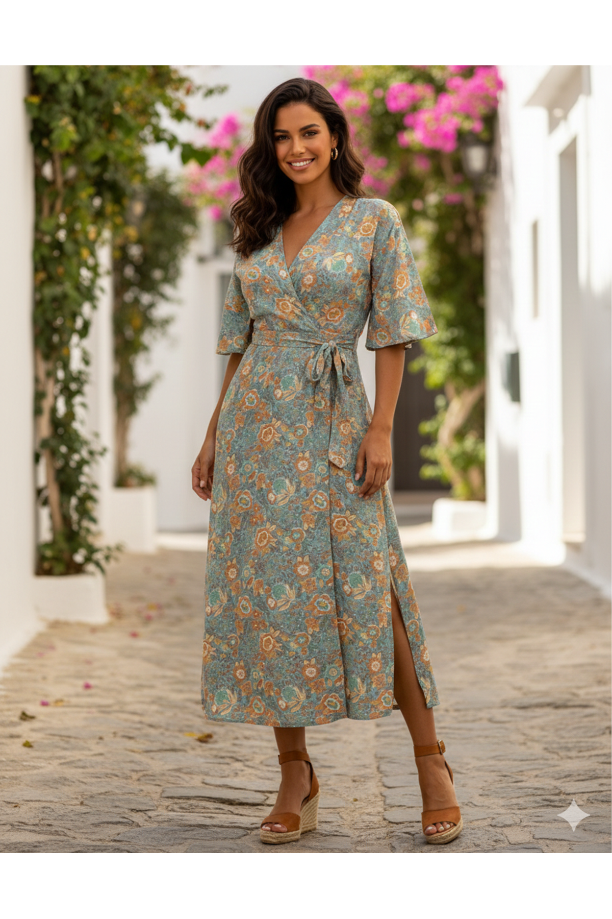 Kadın Pastel Yazlık Kruvaze Yaka Desenli Bilek Boy Çift Yırtmaçlı Elbise  3E-2242