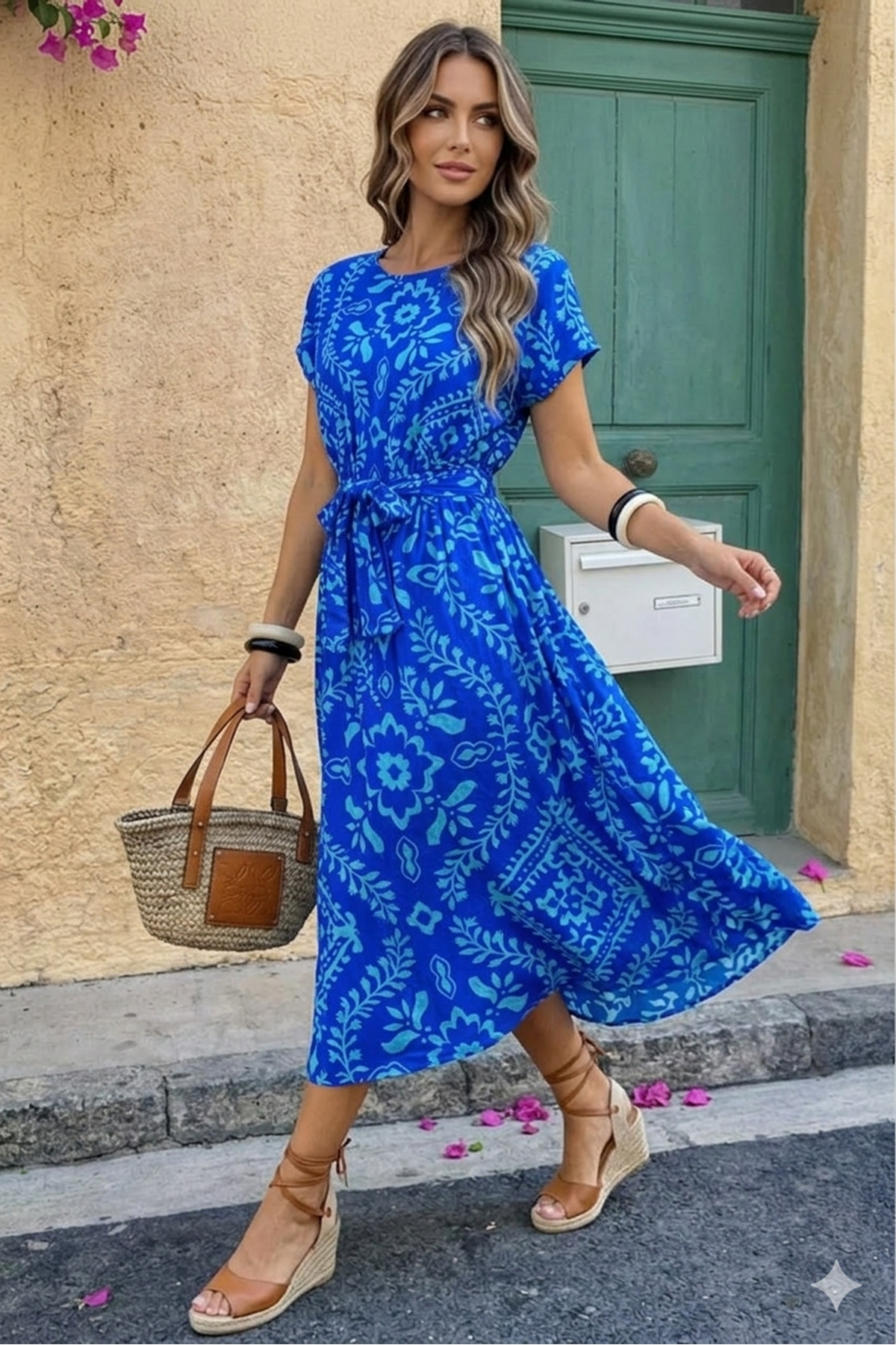 Kadın Yazlık Bisiklet Yaka Kısa Kol Beli Lastikli Kuşaklı Diz Altı Elbise 7E-2378