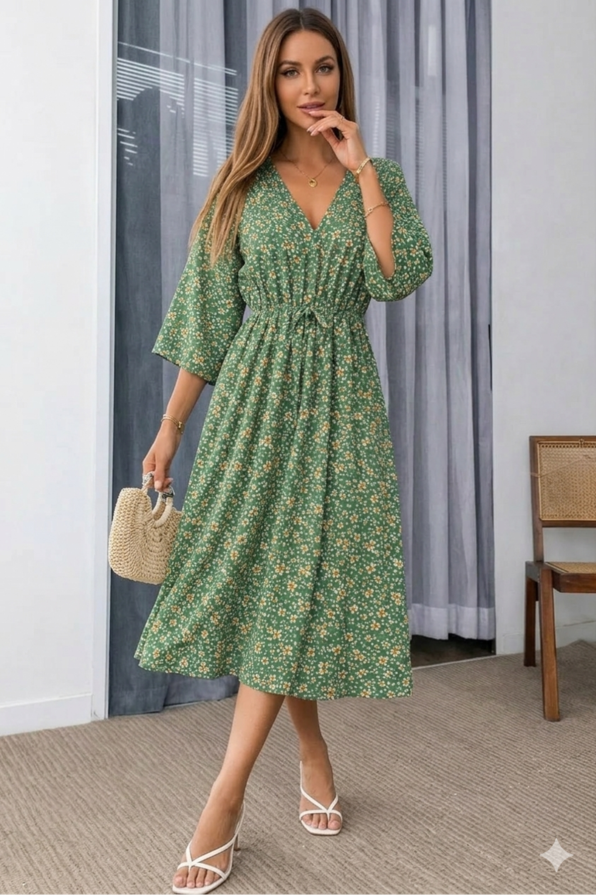 Kadın Yeşil Desenli Yazlık V Yaka Kısa Kol Beli Lastikli Diz Altı Elbise 10C-2375