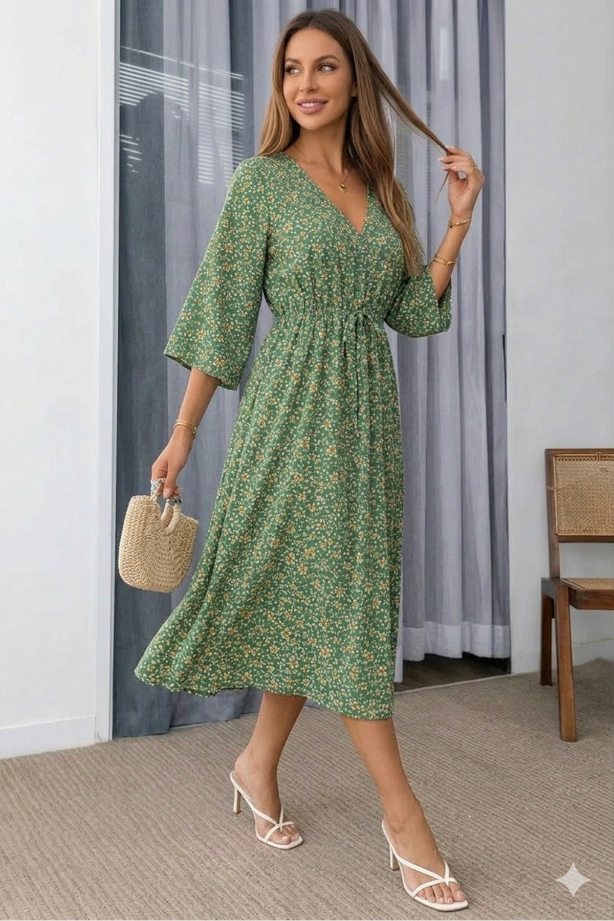 Kadın Yeşil Desenli Yazlık V Yaka Kısa Kol Beli Lastikli Diz Altı Elbise 10C-2375