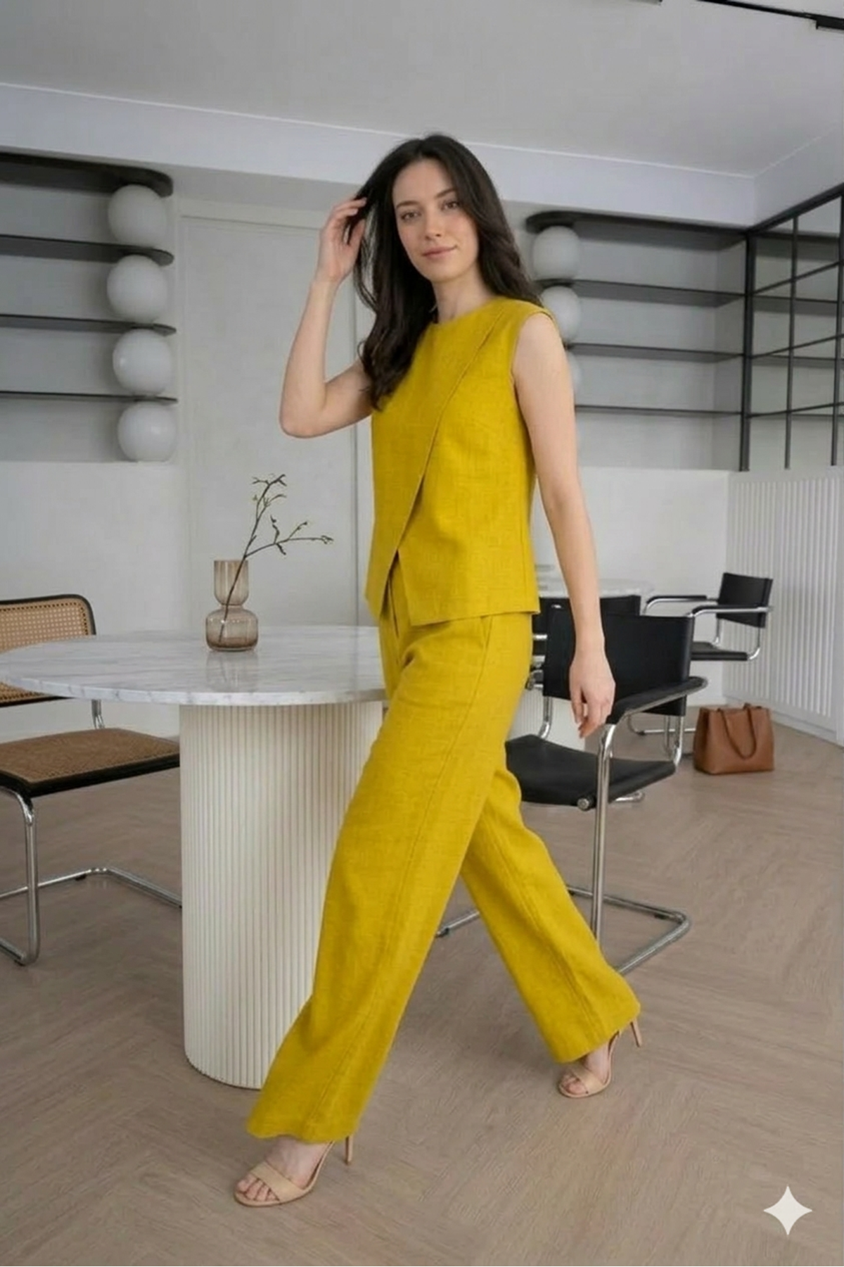 Kadın Yazlık Bisiklet Yaka Yağ Yeşili Çapraz Kesim İkili Bluz Pantolon Takım 10C-2377