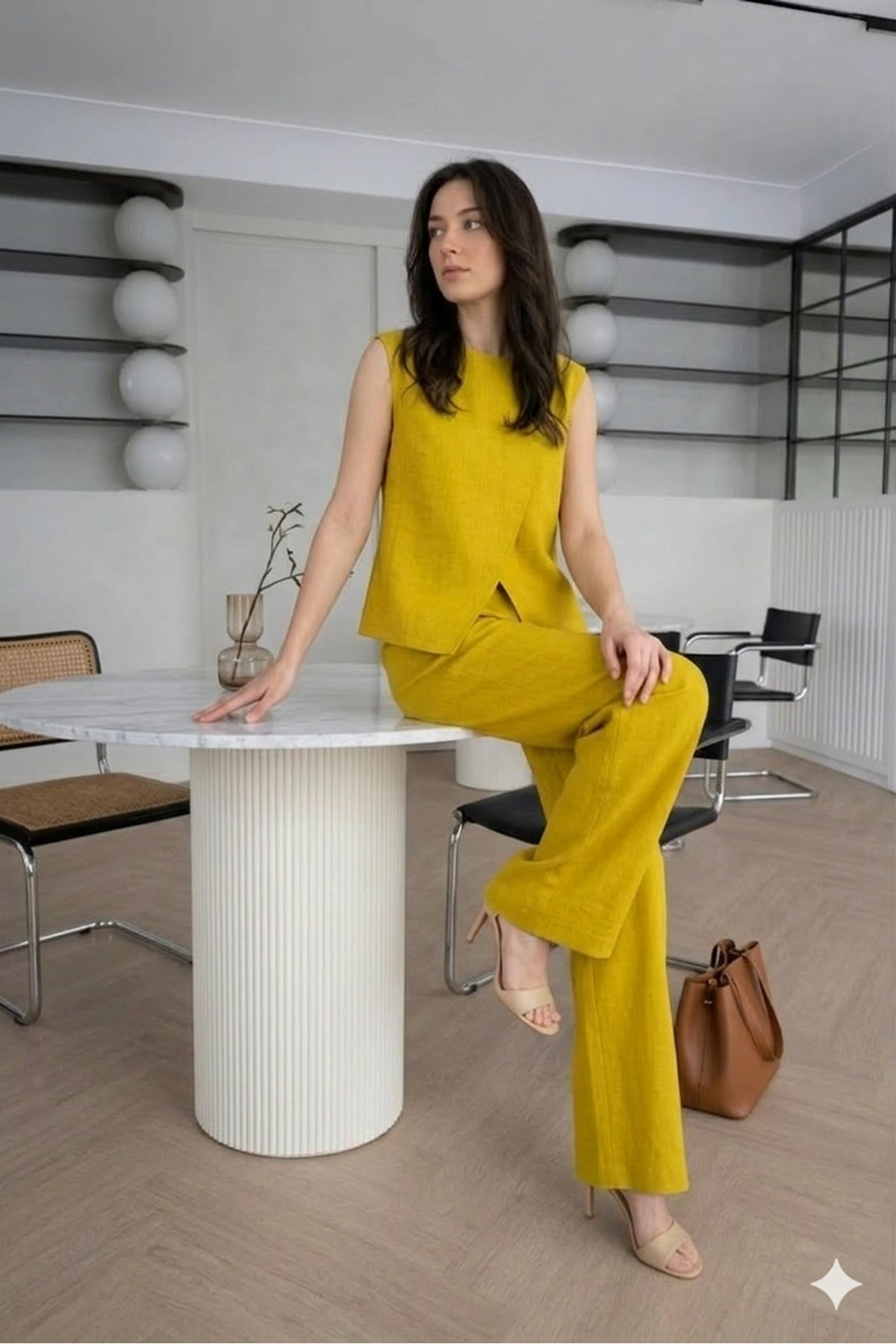 Kadın Yazlık Bisiklet Yaka Yağ Yeşili Çapraz Kesim İkili Bluz Pantolon Takım 10C-2377