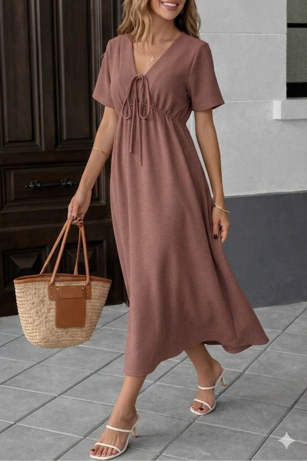 Kadın Düz Renk Aerobin Kumaş Yazlık V Yaka Kısa Kol Beli Lastikli Diz Altı Elbise 10C-2382