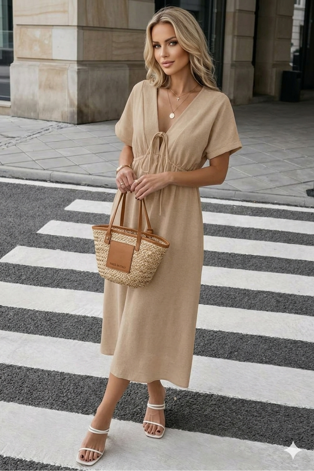 Kadın Düz Renk Aerobin Kumaş Yazlık V Yaka Kısa Kol Beli Lastikli Diz Altı Elbise 10C-2383