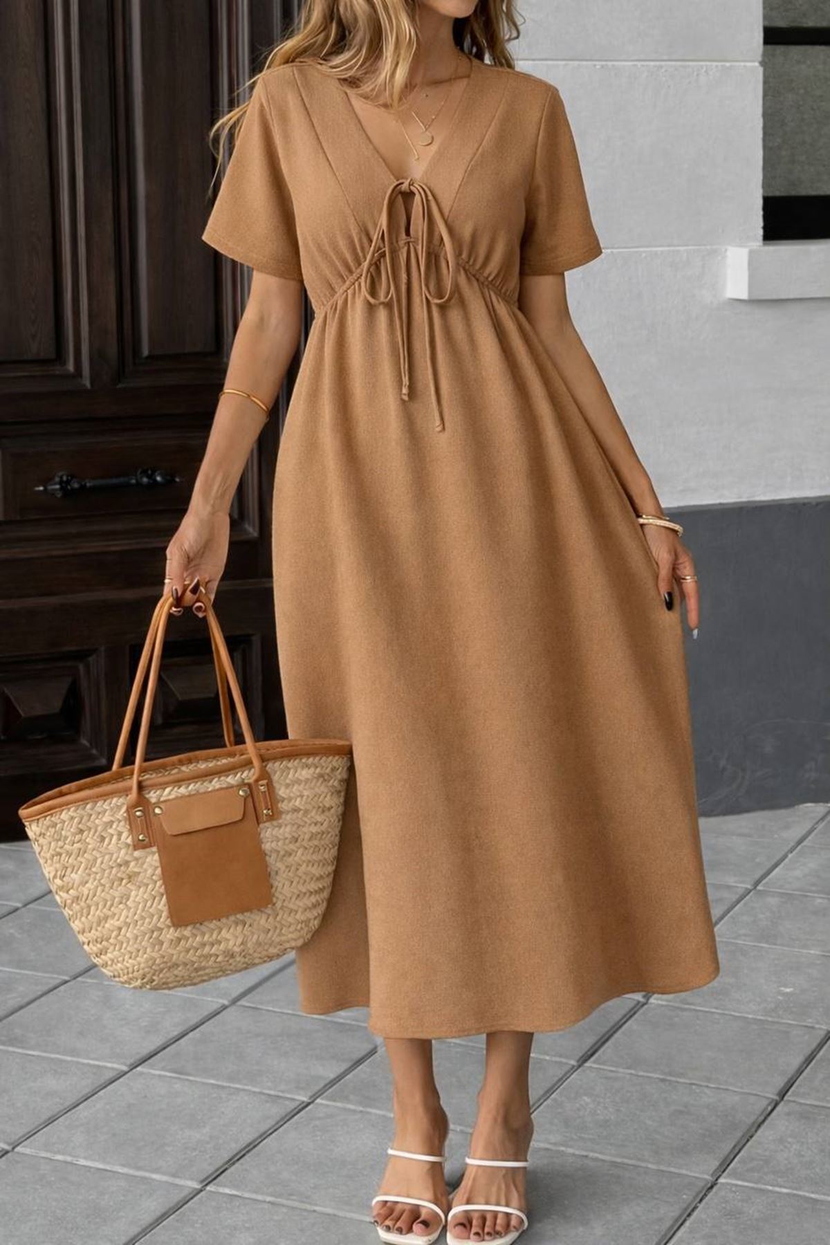 Kadın Düz Renk Aerobin Kumaş Yazlık V Yaka Kısa Kol Beli Lastikli Diz Altı Elbise 10C-2380