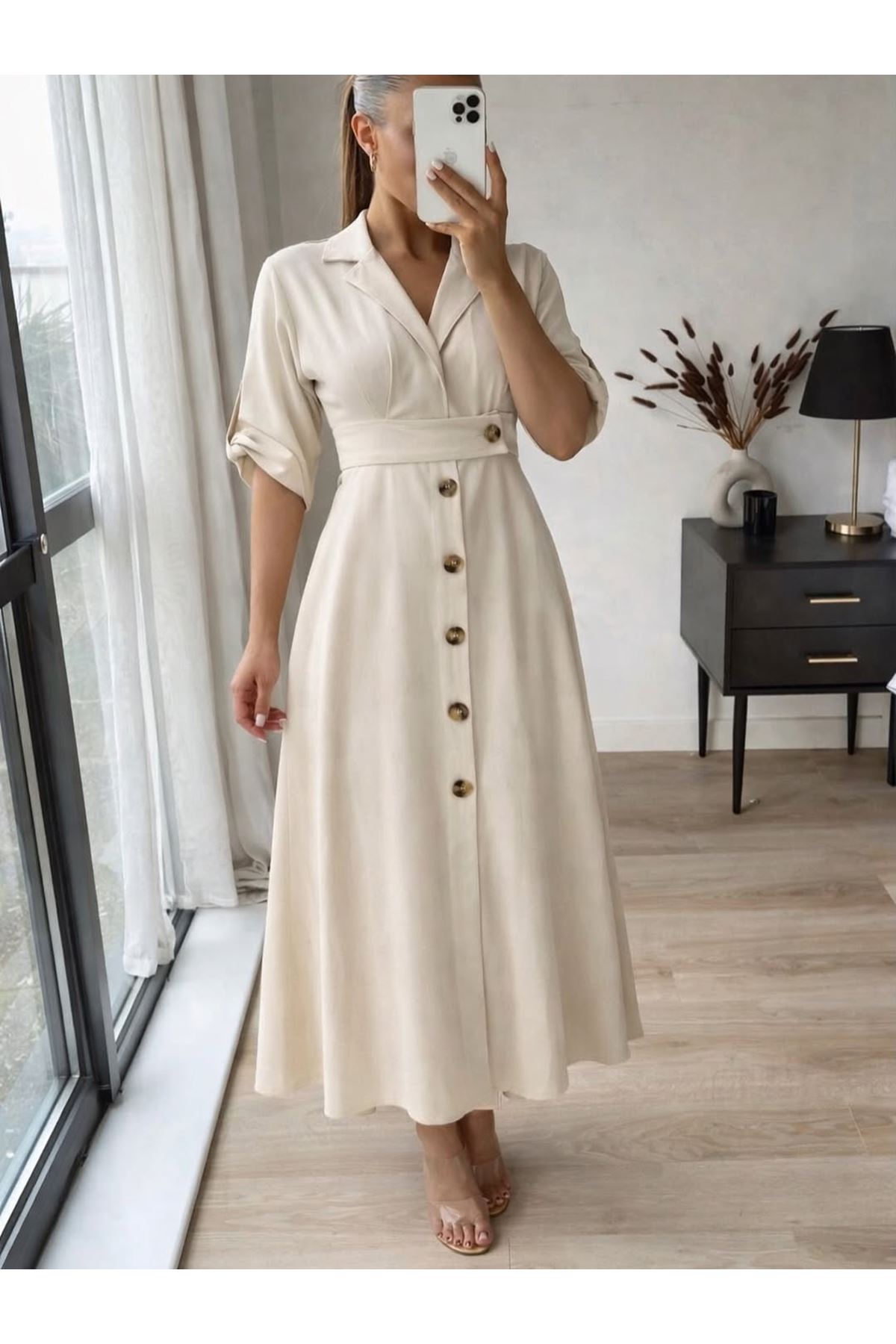 Kadın Yazlık Bej Düğmeli Gömlek Yaka Midi Boy Keten Elbise 11B-6722