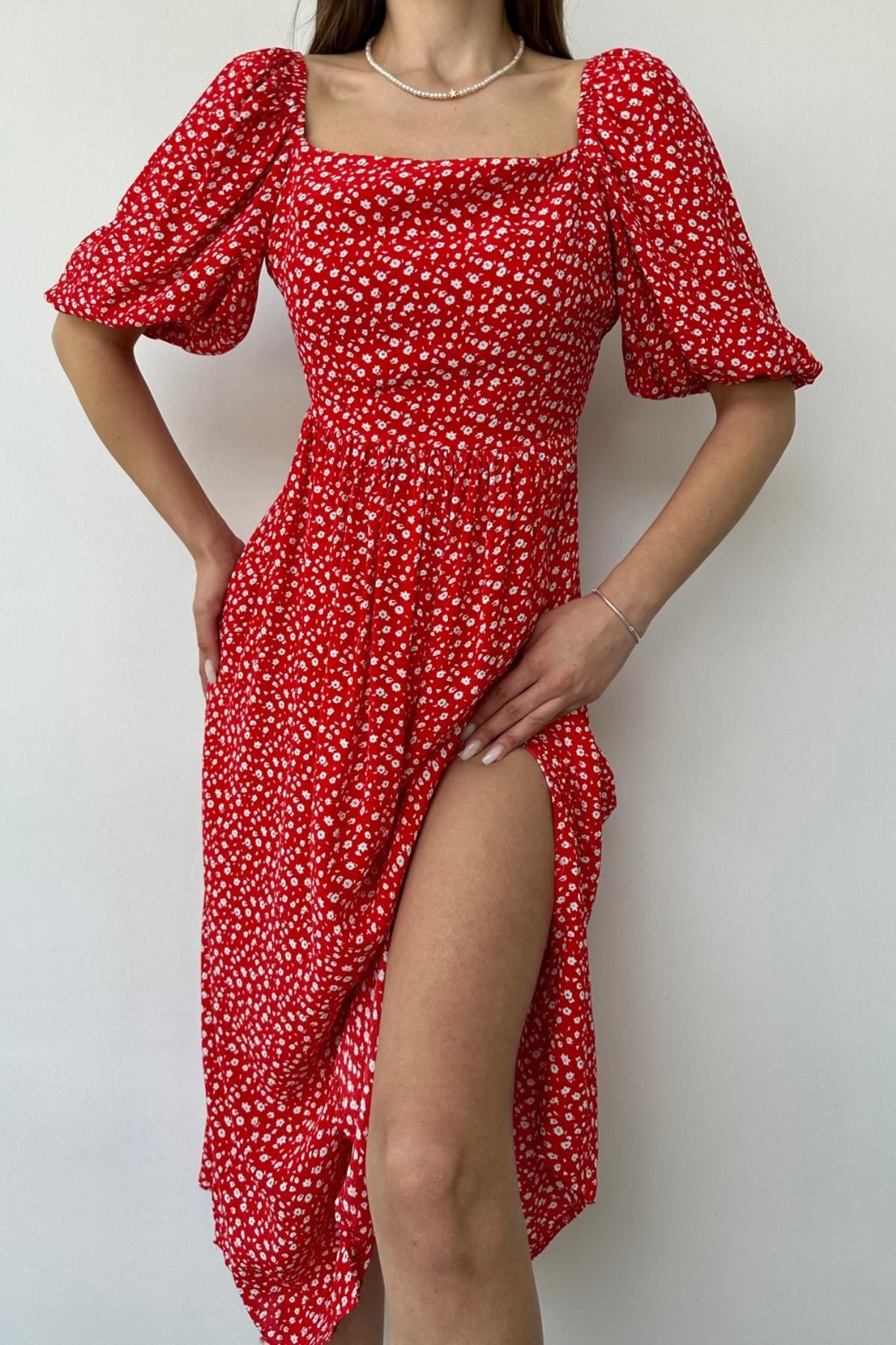Kadın Yazlık Kırmızı Çiçek Desenli Sırt Dekolteli Midi Boy Elbise 11B-6940