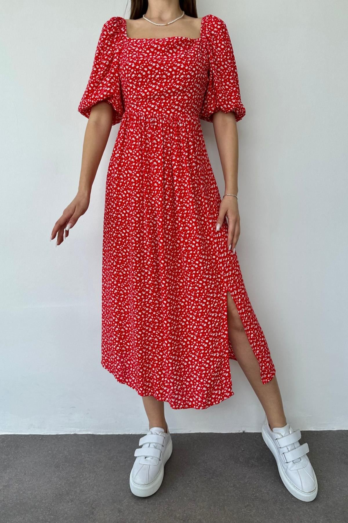 Kadın Yazlık Kırmızı Çiçek Desenli Sırt Dekolteli Midi Boy Elbise 11B-6940