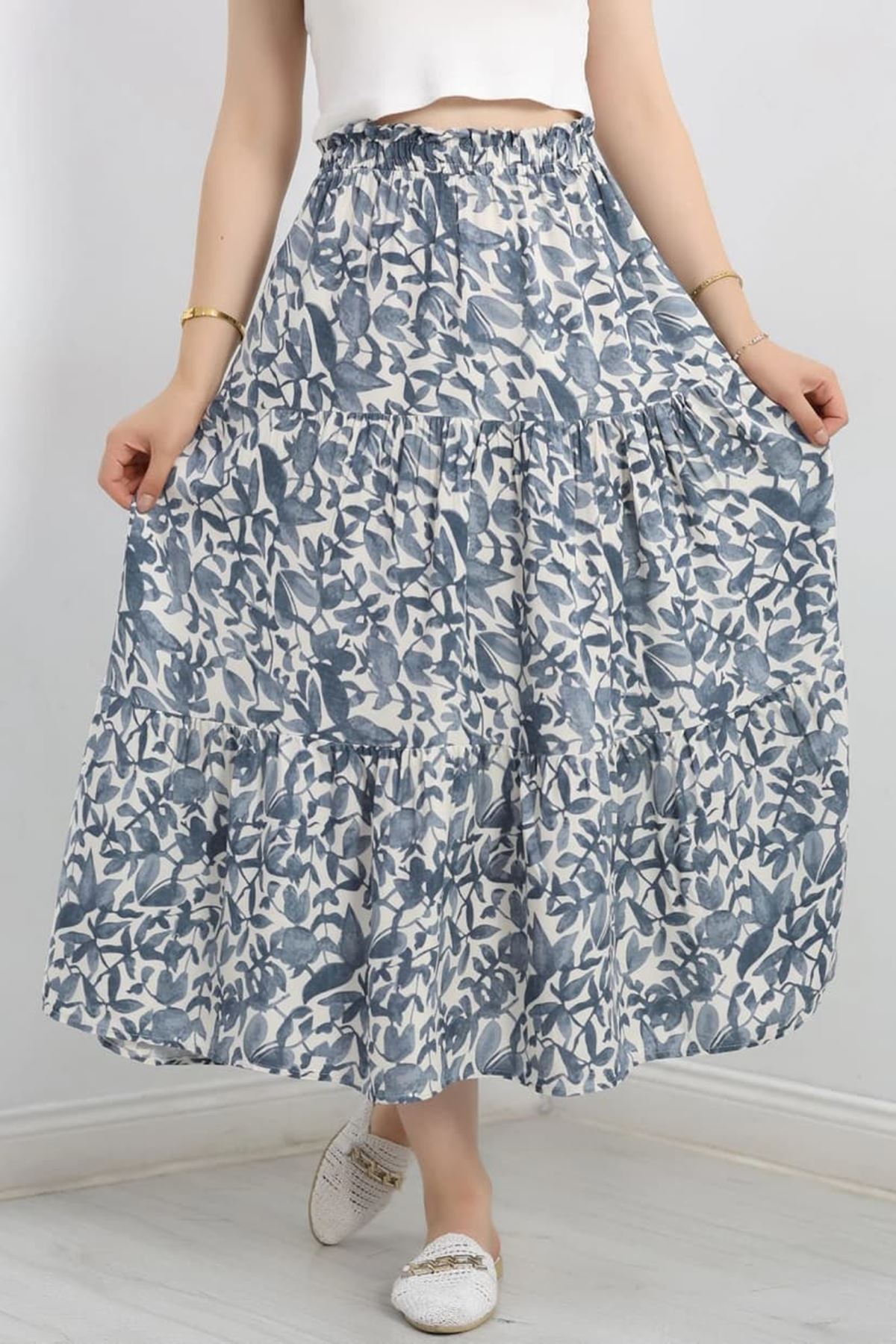 Kadın Yazlık Beli Lastikli Desenli Midi Boy Viskon Etek 3D-2385