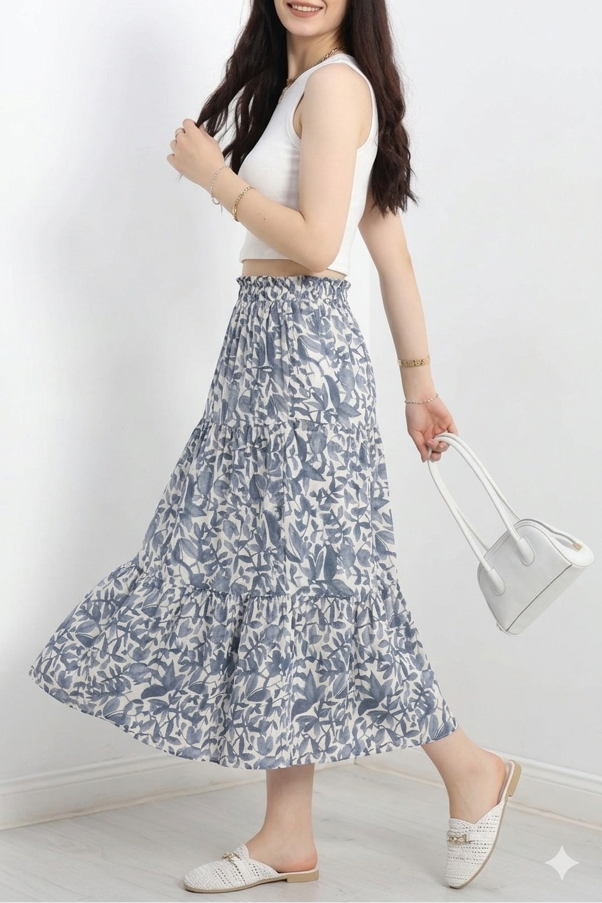 Kadın Yazlık Beli Lastikli Desenli Midi Boy Viskon Etek 3D-2385