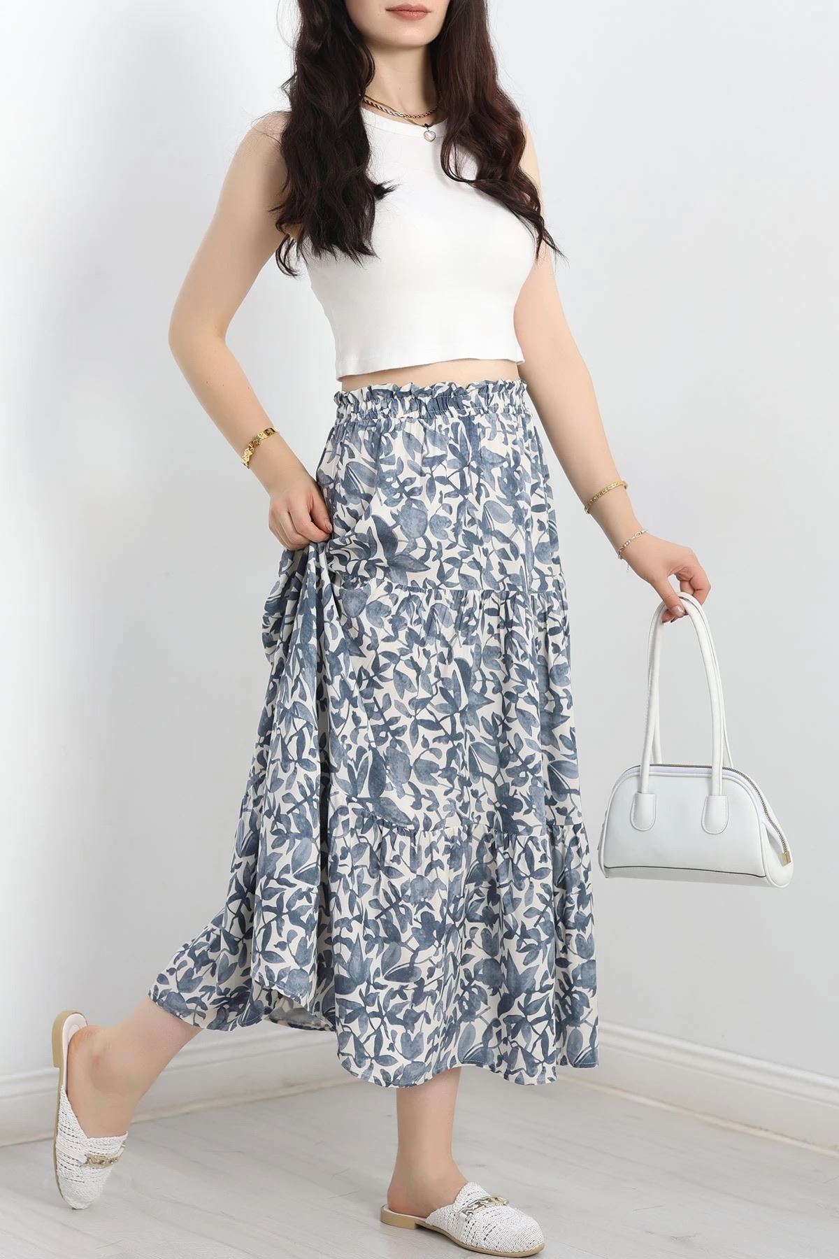 Kadın Yazlık Beli Lastikli Desenli Midi Boy Viskon Etek 3D-2385