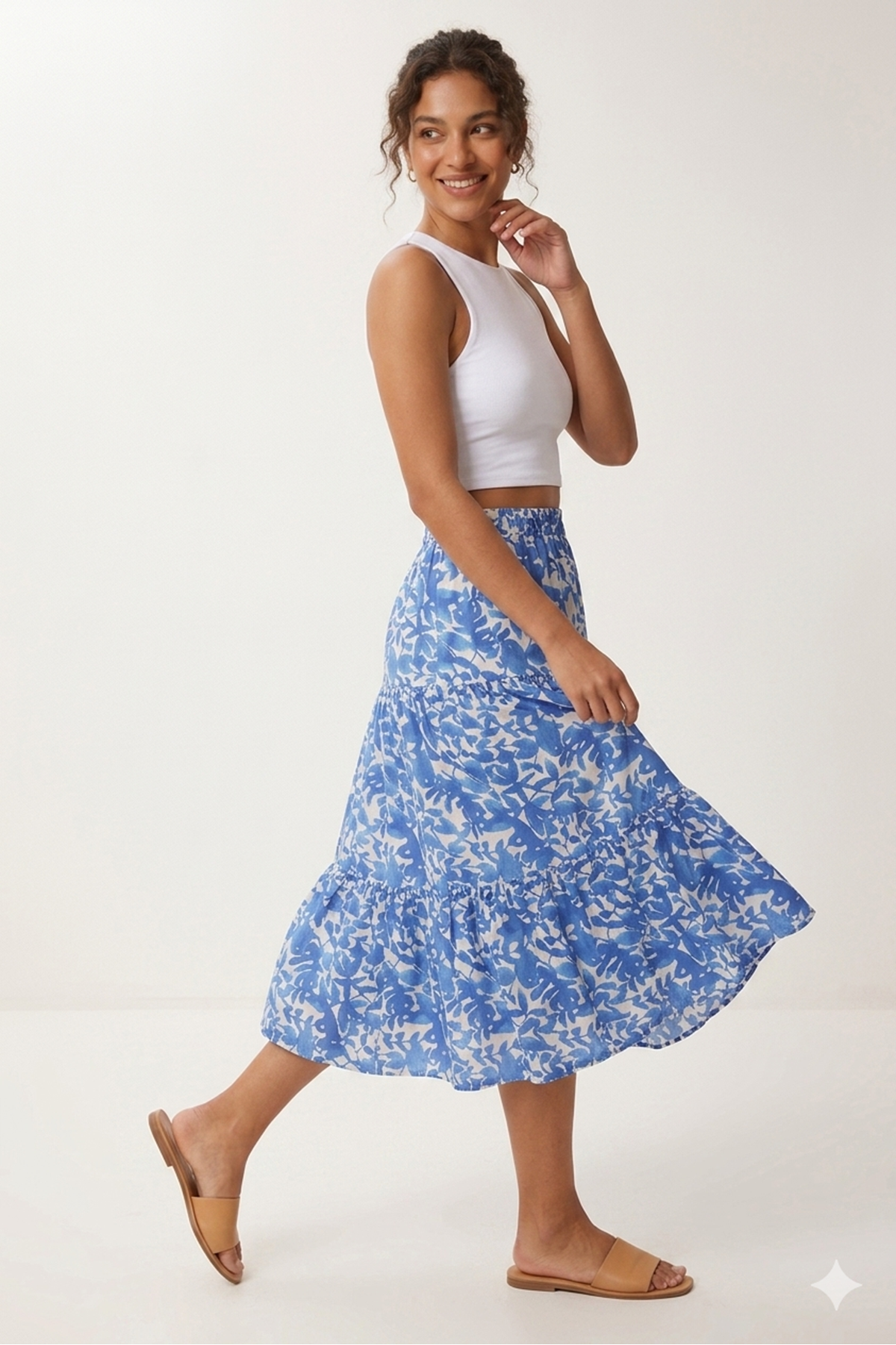 Kadın Yazlık Beli Lastikli Desenli Midi Boy Viskon Etek 3D-2386