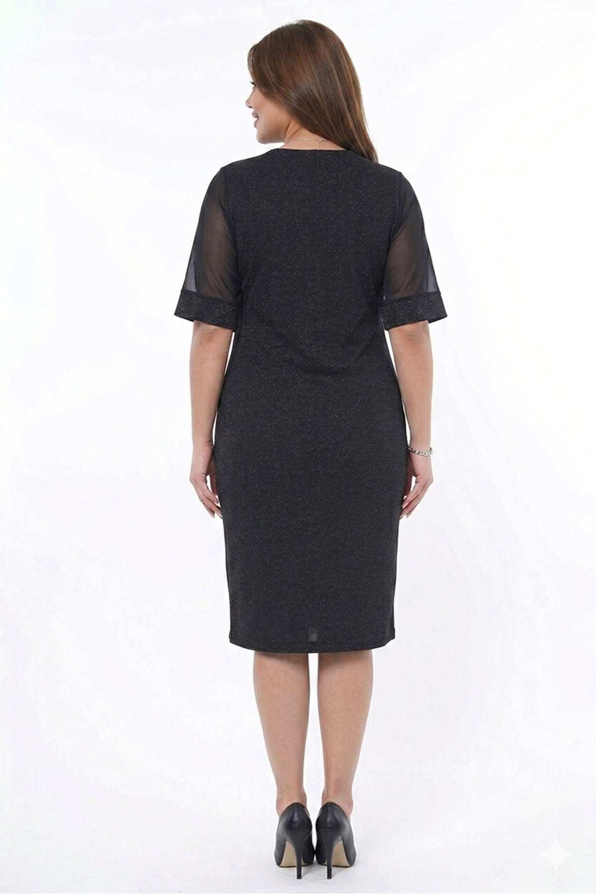 Kadın Büyük Beden Siyah V Yaka Truvakar Kol Midi Boy Işıltılı Elbise 12M-2387