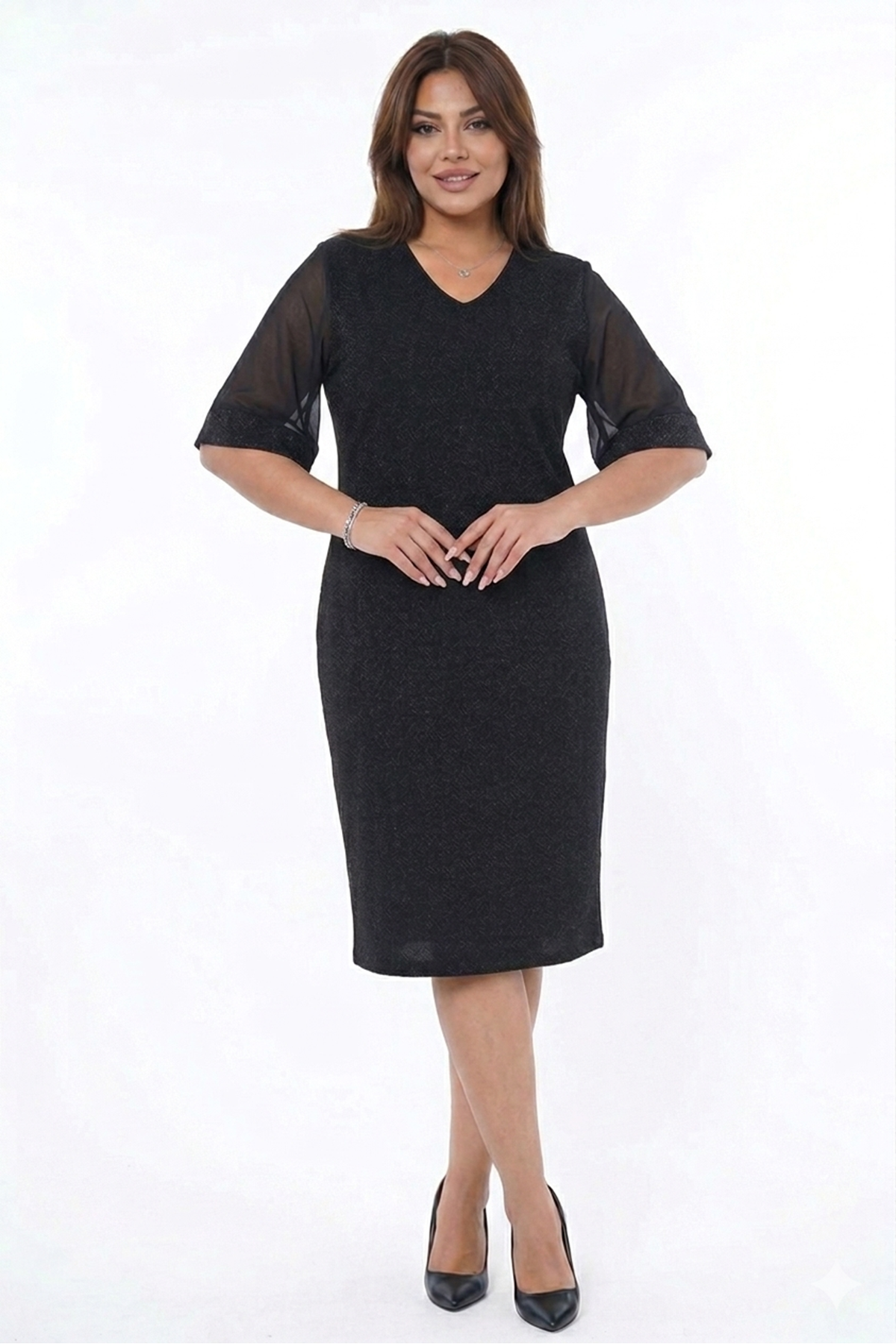 Kadın Büyük Beden Siyah V Yaka Truvakar Kol Midi Boy Işıltılı Elbise 12M-2387