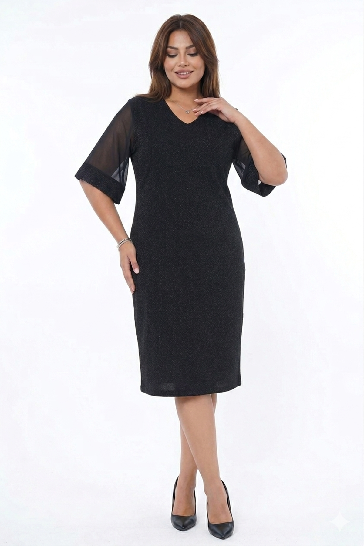 Kadın Büyük Beden Siyah V Yaka Truvakar Kol Midi Boy Işıltılı Elbise 12M-2387