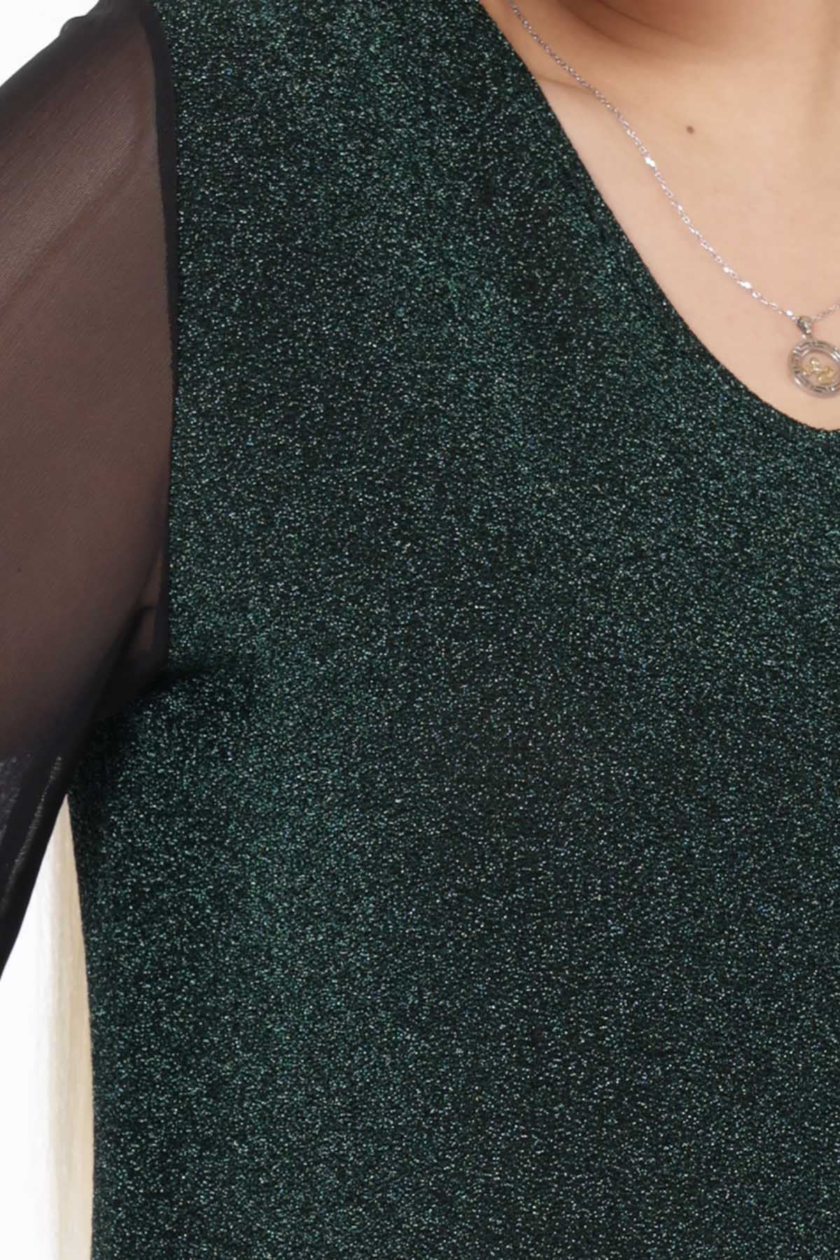 Kadın Büyük Beden Yeşil V Yaka Truvakar Kol Midi Boy Işıltılı Elbise 12M-2388