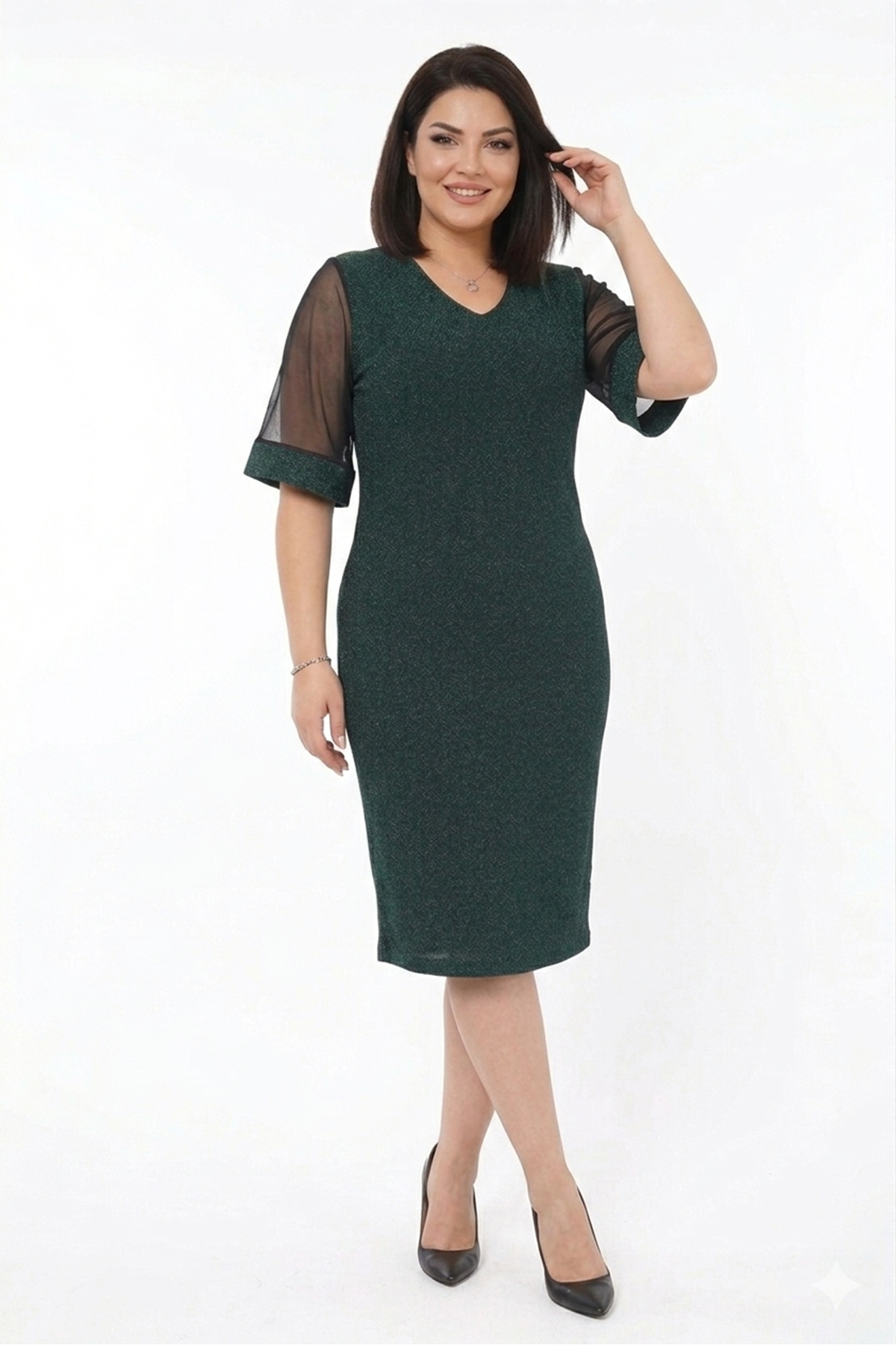 Kadın Büyük Beden Yeşil V Yaka Truvakar Kol Midi Boy Işıltılı Elbise 12M-2388