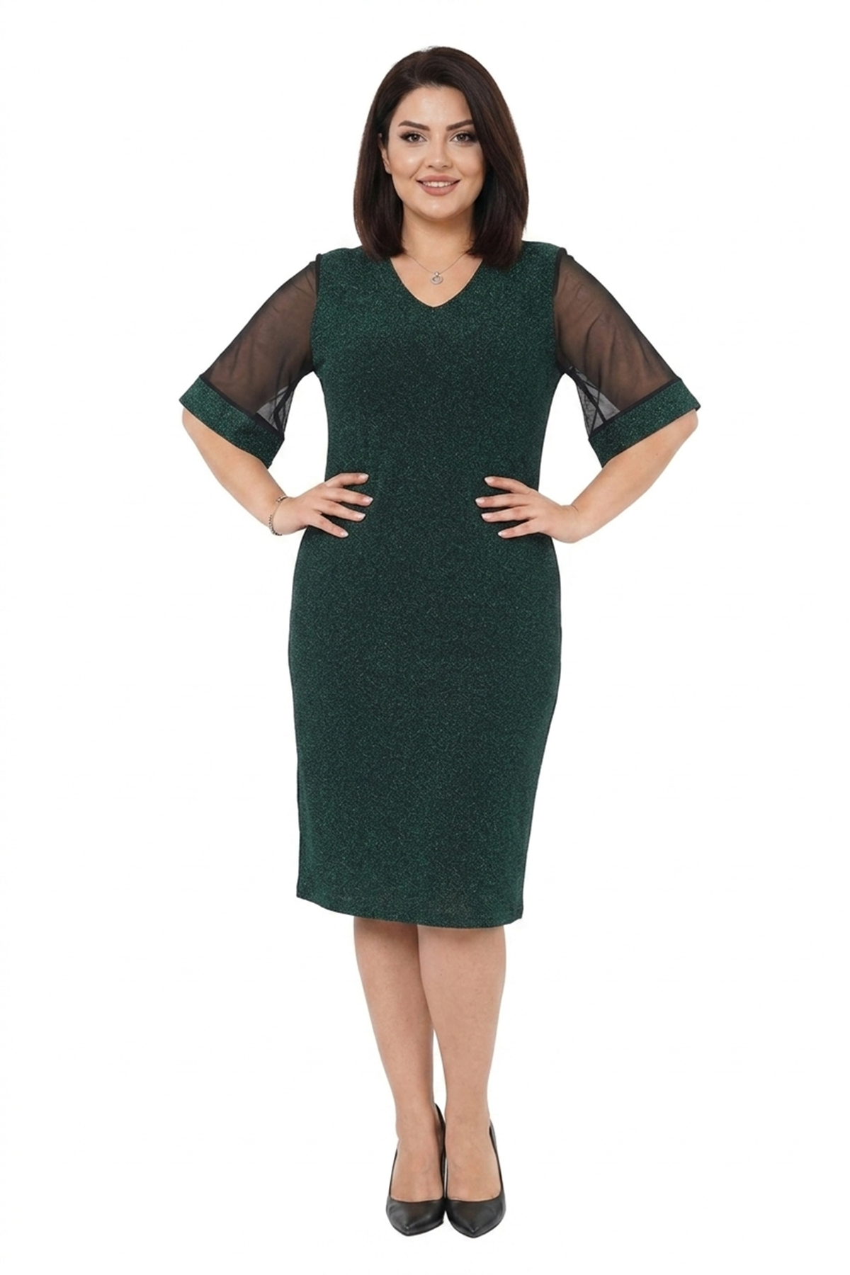 Kadın Büyük Beden Yeşil V Yaka Truvakar Kol Midi Boy Işıltılı Elbise 12M-2388