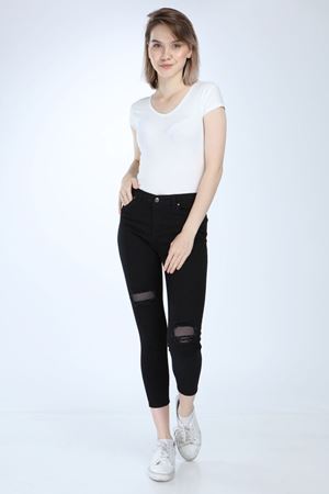 Kadın Siyah Likralı File Yamalı Pantolon 3D-1003