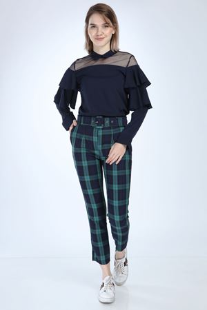 Ekose Desenli Kemerli Kadın Pantolon 1D-1008