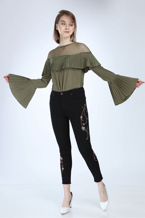 Siyah Likralı Nakışlı Pantolon 3E-1004