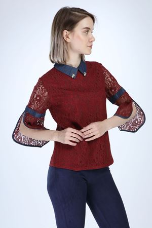Bordo Yakası İncili Bluz 5C-1016