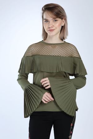 Kadın Haki Fırfırlı Puantiyeli Bluz 13C-1022