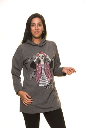 Kadın Baskılı Gri Kapşonlu Sweatshirt 5F-1127