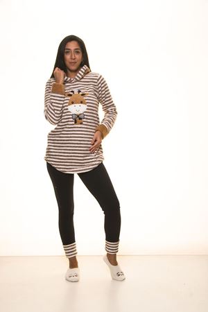 Kahverengi Çizgili Kapşonlu Kışlık Polar Takımı 12E-2009