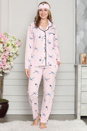 Pembe Beyaz Düğmeli Penye Pijama Takımı 8C-20508P