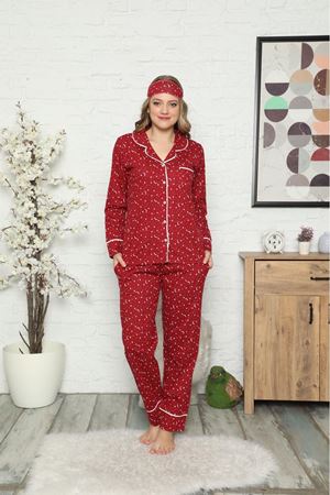 Kadın Bordo Pamuk Dokuma Uzun Kollu Düğmeli Pijama Takımı 8D-2501