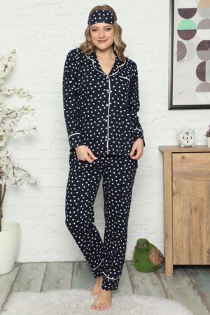 Kadın Lacivert Pamuk Dokuma Uzun Kollu Pijama Takımı 8D-2500