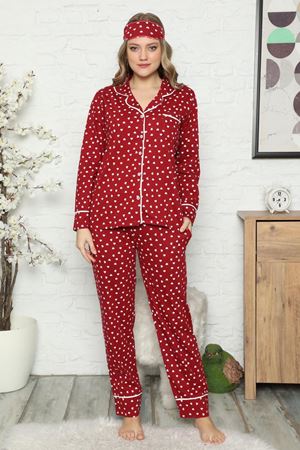 Bordo Kadın Pamuk Dokuma Uzun Kollu Pijama Takımı 8D-2500B