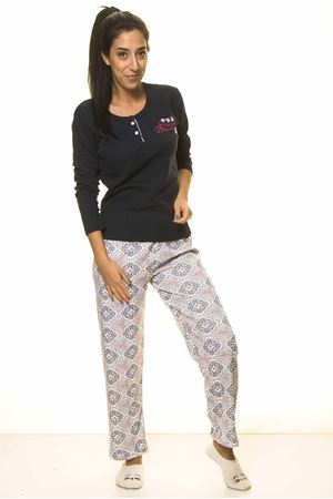 Kadın Lacivert Önü Düğmeli Penye Uzun Kol Pijama Takım 9E-2065