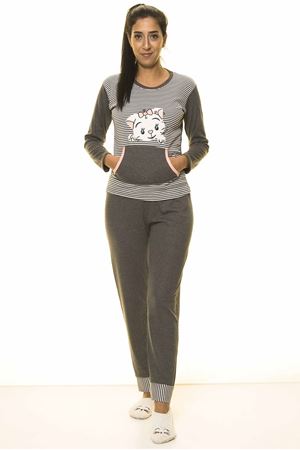 Kadın Antrasit Gri Uzun Kol Pijama Takım 9E-2066