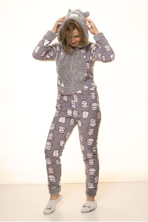 Kadın Gri Kapüşonlu Kışlık Welsoft Polar Tulum 3F-2065