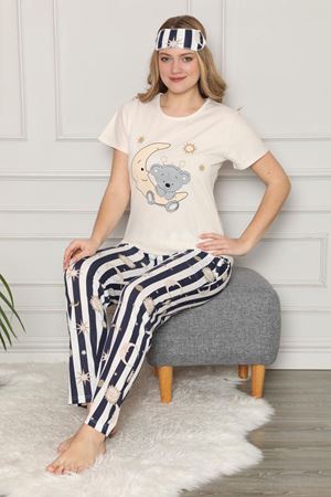 Kadın Krem Çizgili Kısa Kol Pijama Takımı 3E-2539L