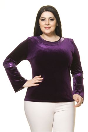 Kadın Büyük Beden Mor Taş  İşlemeli Kadife  Bluz A7-3020