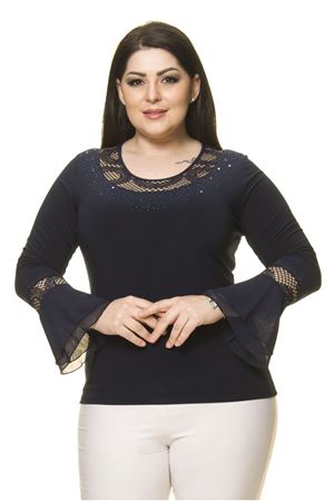 Kadın Büyük Beden Lacivert Taş İşlemeli İspanyol Kol Bluz A7-3030-1