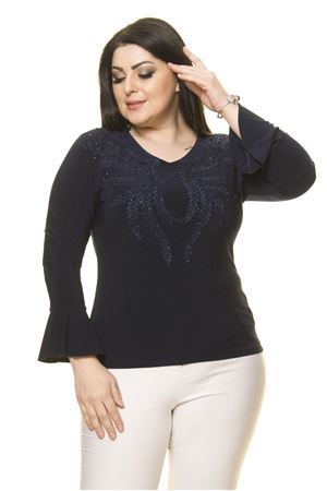Kadın Büyük Beden Lacivert Taş İşlemeli İspanyol Kol Bluz A7-3027