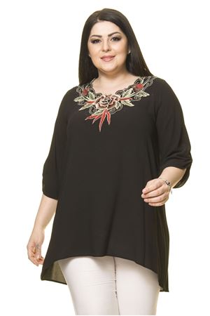 Kadın Büyük Beden Siyah İşlemeli Nakışlı Tunik  A7-3024-1