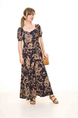 Kadın Yazlık Lacivert Öpücük Yaka Karpuz Kol Uzun Elbise 17D-3077