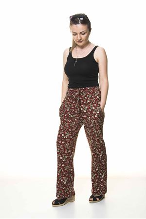 Kadın Beli Lastikli Bordo Çiçek Desenli Pantolon 10F-4028