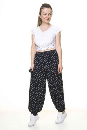 Kadın Beli Lastikli Siyah Desenli Şalvar Pantolon 8C-4009