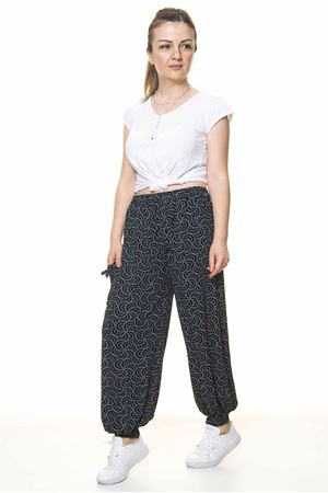 Kadın Beli Lastikli Siyah Desenli Şalvar Pantolon 8C-4006