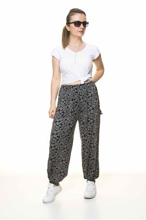 Kadın Beli Lastikli Siyah Desenli Şalvar Pantolon 8C-4004