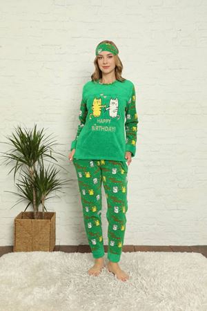 Kadın Desenli Yeşil Polar Pijama Takımı 14F-20022-1