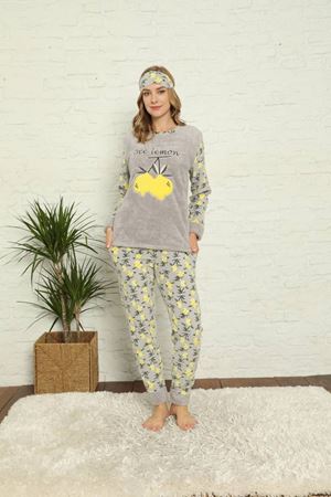 Kadın Desenli Kışlık Gri Polar Pijama Takımı 13E-20020