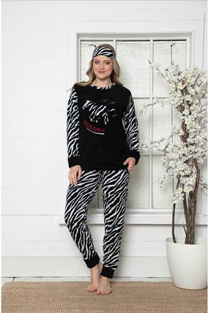 Kadın Desenli Siyah Kışlık Polar Pijama Takımı 9F-20004