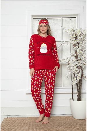 Kadın Yeniyıl Desenli Kırmızı Kışlık Polar Pijama Takımı 9F-20002
